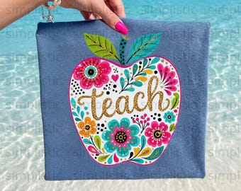 Teacher Appreciation Digital Download, Faux Gold Glitter Apple PNG, Floral Teacher Gift, Cute Educator Thank You Art PNG