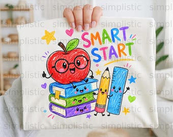 Smart Start Crayon Art Digital Download PNG, Cute Apple & Books Back to School Graphic, Teacher Appreciation Gift