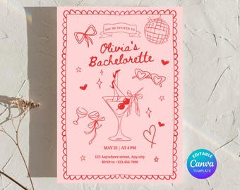 May include: Pink bachelorette party invitation with red line art. The invitation features a cocktail glass, heart-shaped sunglasses, and the text "Olivia's Bachelorette". Includes event details and RSVP information.