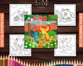 May include: A bird coloring book for kids ages 4-8, featuring 30 coloring pages. The cover displays colorful illustrations of birds, with additional black and white bird illustrations. A set of colored pencils is at the bottom.