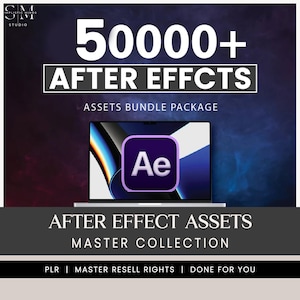 Puede incluir: Gráfico digital con el texto "50000+ AFTER EFFCTS" y "ASSETS BUNDLE PACKAGE". Un portátil muestra el logotipo de Adobe After Effects. El gráfico también incluye el texto "AFTER EFFECT ASSETS MASTER COLLECTION".