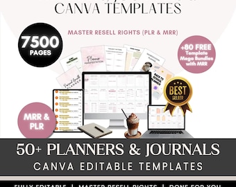 May include: Digital planners and journals with Canva templates. The image shows a computer, tablet, and laptop displaying planner pages. The text includes "7500 pages", "Master Resell Rights", and "Best Seller" badges. The image also includes a coffee drink.