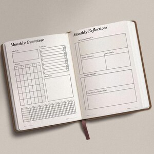 May include: Open journal with brown cover and white pages. The left page is labeled "Monthly Overview" and includes sections for goals, a calendar, and notes. The right page is labeled "Monthly Reflections" with prompts for reflection.