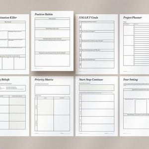 May include: A collection of eight white paper worksheets with black text. Titles include "Procrastination Killer," "Positive Habits," "S.M.A.R.T Goals," and "Project Planner." Other titles are "Limiting Beliefs," "Priority Matrix," "Start-Stop-Continue," and "Fear Setting."