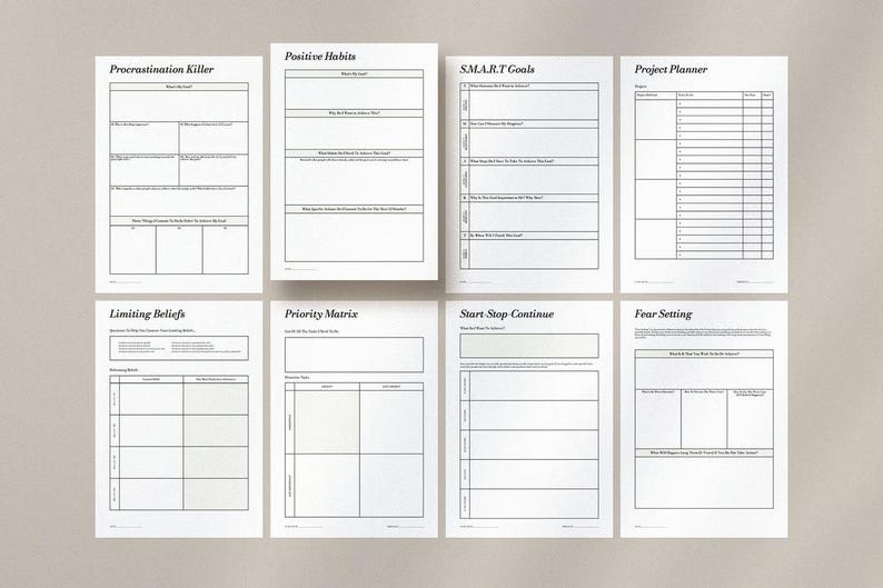 May include: A collection of eight white paper worksheets with black text. Titles include "Procrastination Killer," "Positive Habits," "S.M.A.R.T Goals," and "Project Planner." Other titles are "Limiting Beliefs," "Priority Matrix," "Start-Stop-Continue," and "Fear Setting."
