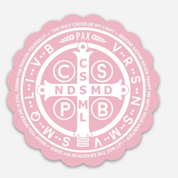 St. Benedict Sticker, pink, catholic protection, vinyl sticker for water bottle, phone, laptop, car