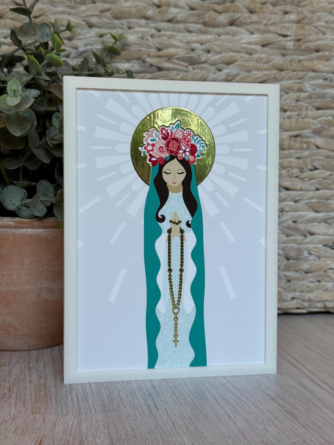 Our Lady of the Rosary Virgin Mary Illustration, Gold Foil Card in a ...