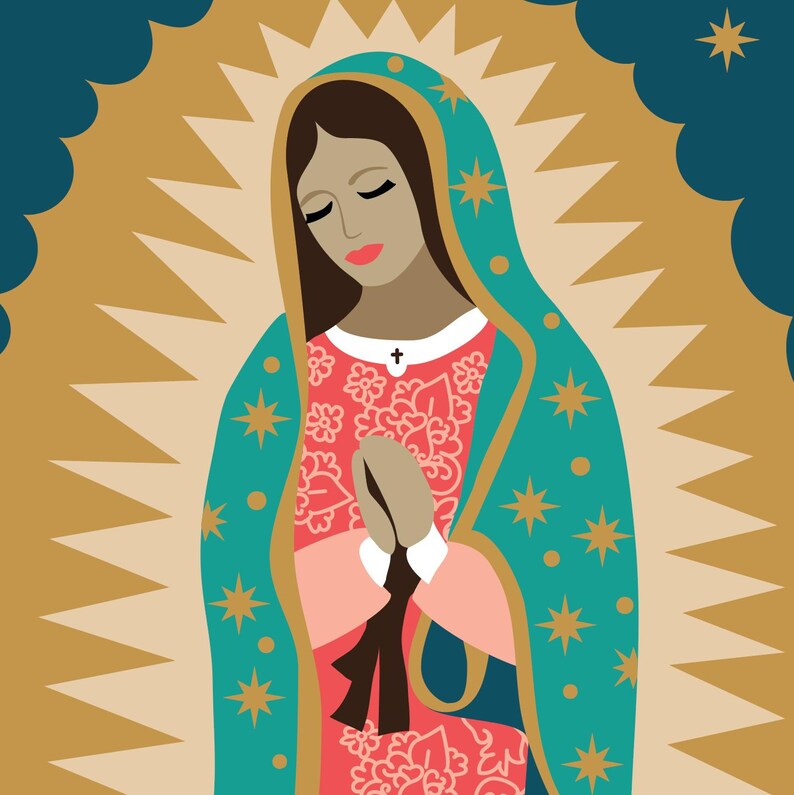 Puede incluir: Una ilustraci&oacute;n colorida de la Virgen Mar&iacute;a, representada con una t&uacute;nica azul y verde con estrellas doradas, y un vestido estampado en rojo y blanco. Ella est&aacute; rezando con las manos juntas.