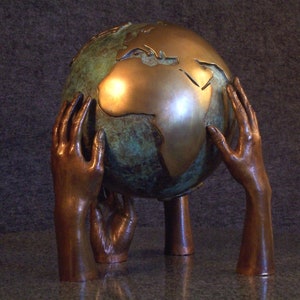 Bronze Earth Sculpture - In Our Hands - Featuring Life Size Cast Hands