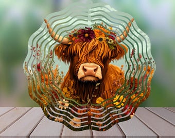 Highland Cow in Autumn PNG Wind Spinner Sublimation Design, Instant Digital Download, High Quality PNG for Sublimation, 11 in. X 11 in.