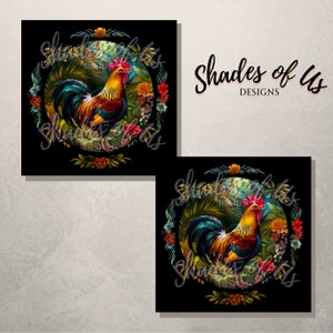 May include: A colorful rooster with a red comb and wattles stands in a circle of tropical foliage. The rooster is surrounded by green palm leaves, red and yellow flowers, and a blue and green bird. The background is black.