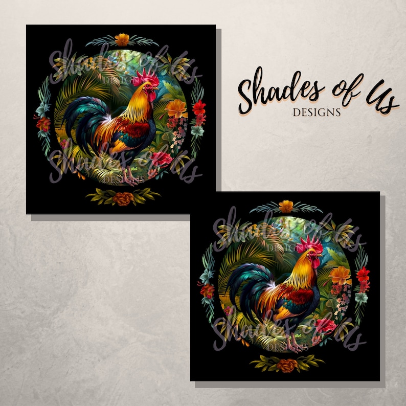 May include: A colorful rooster with a red comb and wattles stands in a circle of tropical foliage. The rooster is surrounded by green palm leaves, red and yellow flowers, and a blue and green bird. The background is black.