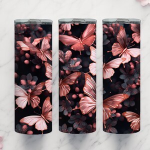 3D Rose Gold Butterflies 20 oz Tumbler Wrap Sublimation Design, Instant Digital Download PNG/JPG