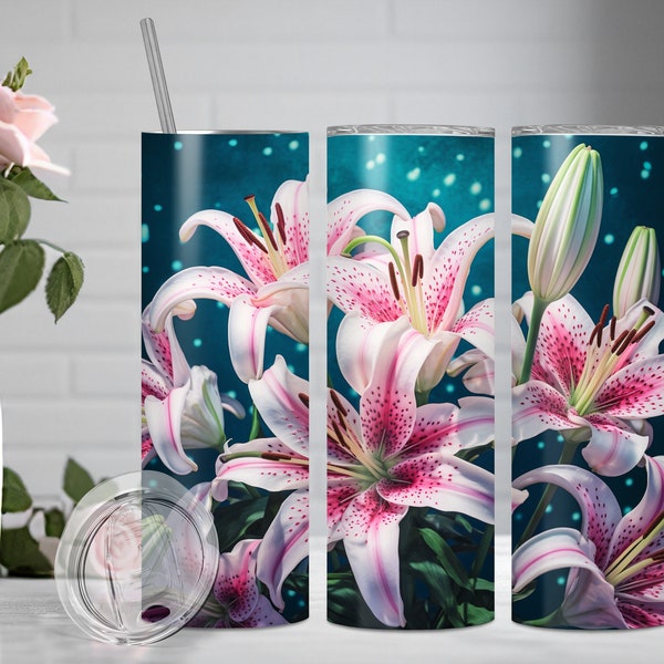 3D Stargazer Lilies 20 oz Tumbler Wrap Sublimation Design, Instant Digital Download PNG/JPG