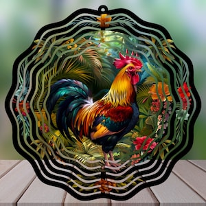 May include: A colorful metal wind spinner with a rooster design. The rooster is surrounded by tropical plants and flowers. The wind spinner has multiple layers that spin in the wind.