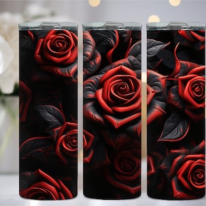 Design de sublimação de envoltório de copo de 20 onças com padrão de rosa vermelha e preta 3D, download digital instantâneo PNG/JPG