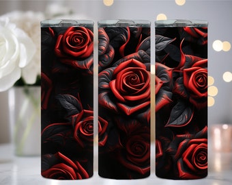 3D rotes und schwarzes Rosenmuster 20 oz Tumbler Wrap Sublimation Design, sofortiger digitaler Download PNG/JPG