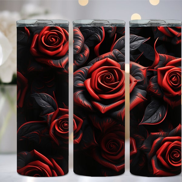 3D Red and Black Rose Pattern 20 oz Tumbler Wrap Sublimation Design, Instant Digital Download PNG/JPG