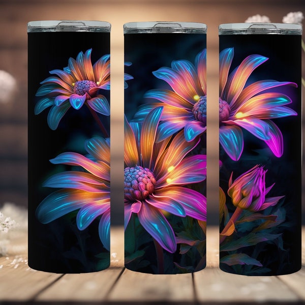 3D Fluorescent Flowers 20 oz Tumbler Wrap Sublimation Design, Instant Digital Download PNG/JPG