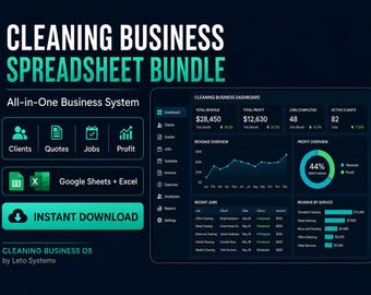 Cleaning Business Spreadsheet Bundle | Client Tracker, Job Tracker, Quote Calculator, Expenses & Profit Dashboard