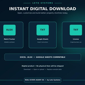May include: A digital product graphic by Leto Systems titled Instant Digital Download. It features three teal icons labeled XLSX Match Tracker, TXT Google Sheets, and TXT License. Text includes Excel .XLSX, Google Sheets Compatible, and Real Estate Agent OS.