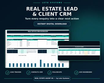 Real Estate Agent CRM Spreadsheet | Lead Tracker & Follow Up Planner | Client Database | Excel Google Sheets Template