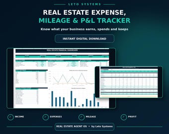Real Estate Expense Tracker | Realtor Mileage Log and Profit Loss Spreadsheet | Agent P&L Dashboard | Excel Google Sheets