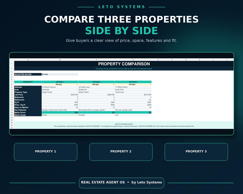 May include: A digital spreadsheet interface titled Property Comparison by Leto Systems. The table displays three real estate options side by side, comparing addresses, list prices, square footage, and match scores for potential buyers.