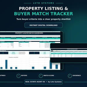 May include: A digital Property Listing & Buyer Match Tracker spreadsheet by Leto Systems. The interface features a dark blue and teal color scheme with a dashboard displaying property inventory, buyer match quality, and matching workflow charts.