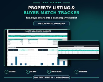 Real Estate Property Tracker | Buyer Match Spreadsheet | Realtor Listing & Showing CRM | Excel Google Sheets Template