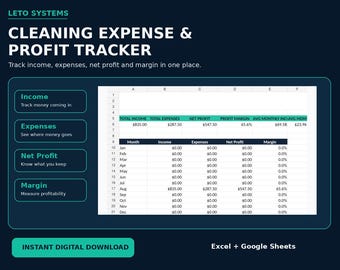 Cleaning Business Income & Expense Tracker | Profit Spreadsheet | Cleaning Bookkeeping Template
