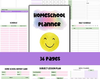 May include: A printable homeschool planner with 36 pages. The cover features a watercolor smiley face and the text "Homeschool Planner". The planner includes pages for student goals, habit trackers, daily schedules, weekly planners, subject lesson plans, and home school report cards.