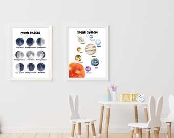 Homeschool Printables, 2 Educational Posters, Playroom Wall Art, Solar System Picture, Moon Phases, Kids Wall Art, Classroom Education