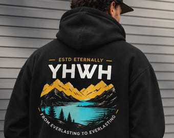 YHWH Oversized Christian Hoodie, Yahweh Mountain Graphic Sweatshirt, Faith Based Streetwear