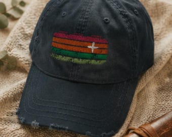 Boné cristão com efeito desgastado, boné com cruz do arco-íris, boné da fé com pequeno logotipo de cruz, boné religioso vintage lavado, presente cristão