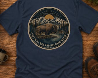 Camiseta Cristã Bison, Corra e Não Se Canse, Roupa Isaías 40, Camiseta Unissex Fé em Búfalo, Roupa com Versículos Bíblicos para Atividades ao Ar Livre, Presente para amantes da Natureza