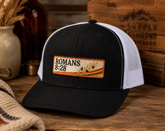 Romans 8:28 Trucker Hat, Olive Branch Embroidered Christian Hat, Scripture Baseball Cap, Bible Verse Gift, Faith Based Hat