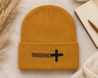 Gorro cristão de algodão orgânico, gorro canelado com cruz bordada, gorro de inverno com temática religiosa.