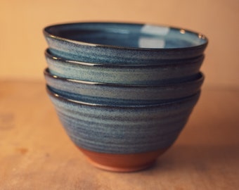 Ramen Bowl - Large - Handmade - Mottled Blue on Red Stoneware