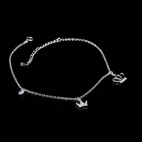 Tiny Crown Anklet-Silver Crown Dangle-Trendy Jewelry- Small Crown Anklet bracelet-925 Sterling Silver Anklet Bracelet, SJU 225