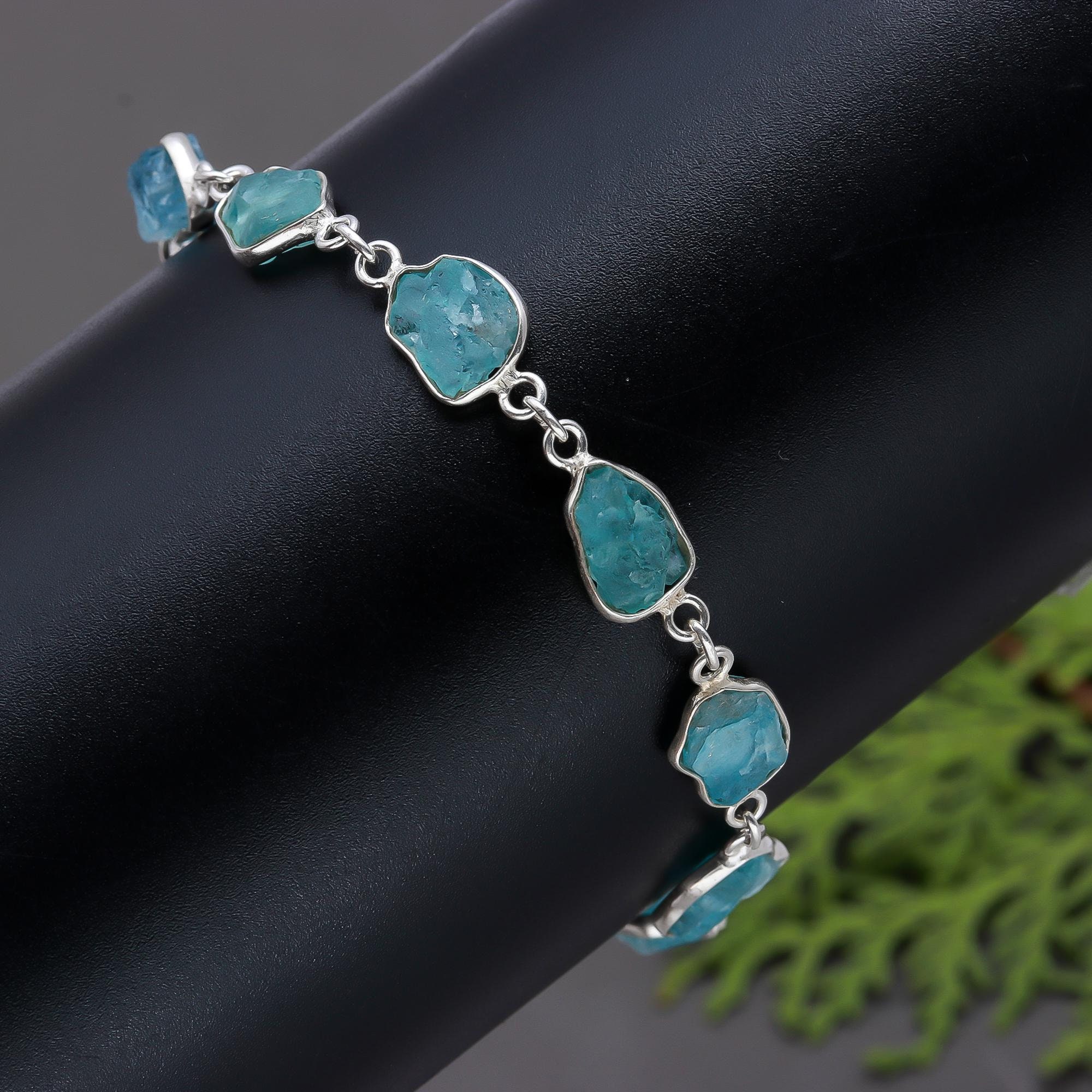 Raw Aquamarine Bracelet 925 Sterling Silver Bracelet Rough