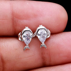Tiny Sterling Silver Fish With Cubic Zirconia Fish Stud Earrings, 925 Sterling Silver Studs Earring, Sea Creature Stud Earrings  SJU 192