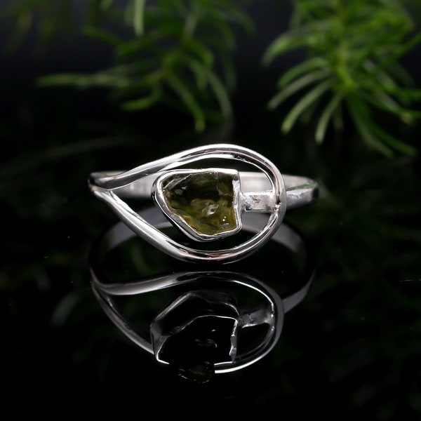 Rough Moldavite Ring, Gemstone Ring, AAA Quality Moldavite Silver Ring, 925 Sterling Silver Ring SIZE 9 3/4 SJU 439