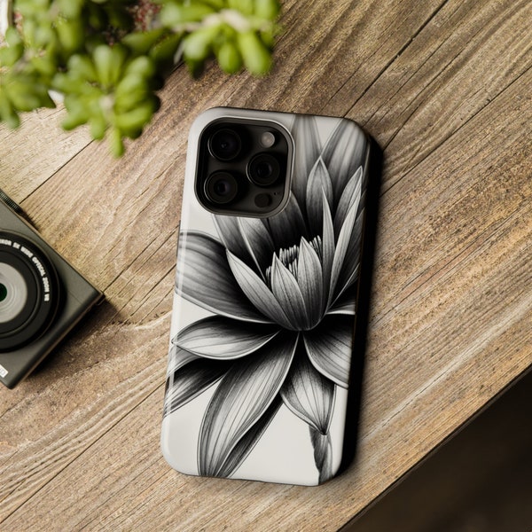 Black and White flower MagSafe Tough Cases, floral iPhone 13 pro case, iPhone 13-15 pro max case, matte or glossy finish, iPhone 14 Pro