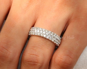 Mens Pav Set Diamond Band Half Eternity Wedding Band For Men 10K Lab Grown Diamond Band Mens Stacking Band Three Row Matching Band Mens Ring