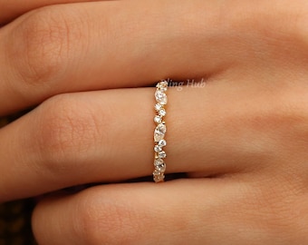 Round and Marquise Cut Diamond Band Delicate Diamond Wedding Band 14K Gold Half Eternity Lab Grown Band Marquise Round Ring Anniversary Band