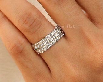 Moissanite Wedding Band For Men 3 Row Pave Wide Band Mens Diamond Band 14K White Gold Half Eternity Wide Band Mens Engagement Band For Gift