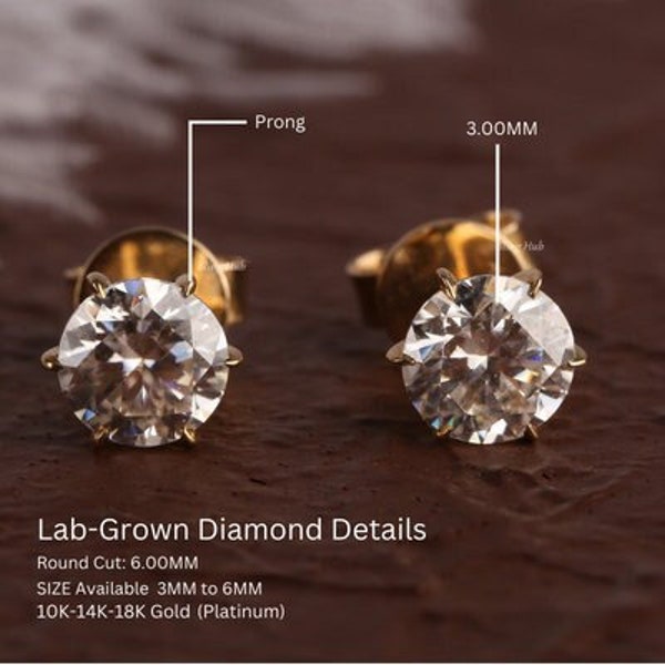 Round Cut Lab Diamond Earrings VS-FG Certified Lab Grown Stud Earrings 14K Gold Screw Back Earrings Wedding Stud Earrings Anniversary Gift