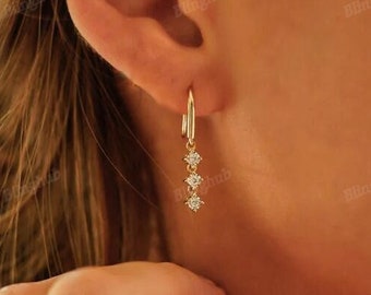Round Cut Dainty Dangle Drop Earrings Moissanite Earrings For Women 10K Yellow Gold Earrings Anniversary Jewelry CZ Diamond Earrings Gift