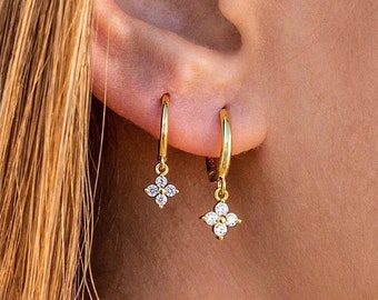 12mm Huggie Earrings Dangle Drop Earrings Flower Earrings For Women 14K Gold Hoops Moissanite Earrings CZ Diamond Huggie Earrings Gift